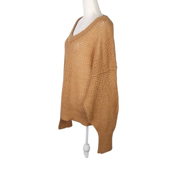 Free People Birchwood camel brown wool blend open knit sweater L - Picture 5 of 8